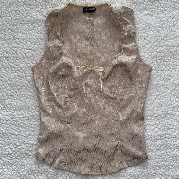 VTG Y2K coquette corset bow tank top floral gold lace top stretchy fairy core L - Picture 15 of 15
